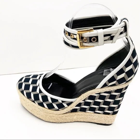 {Pierre Hardy} Canvas & Leather Cubed Print Espadrille Wedges - Picture 5 of 16